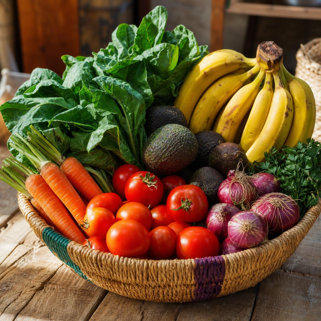 Fresh Kenyan market produce in a woven basket
